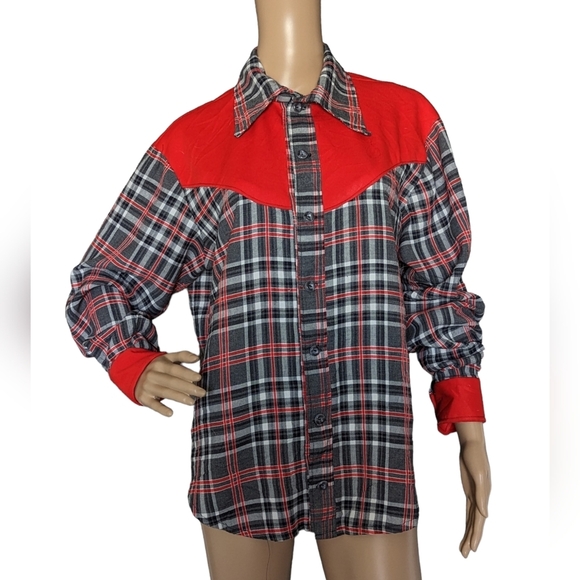 Vintage 70s Plaid Western Cowboy Pointy Collar Button Down Shirt - Picture 1 of 5